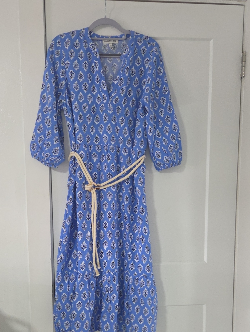 Blue Printed Midi Dress with Cream Tie Belt